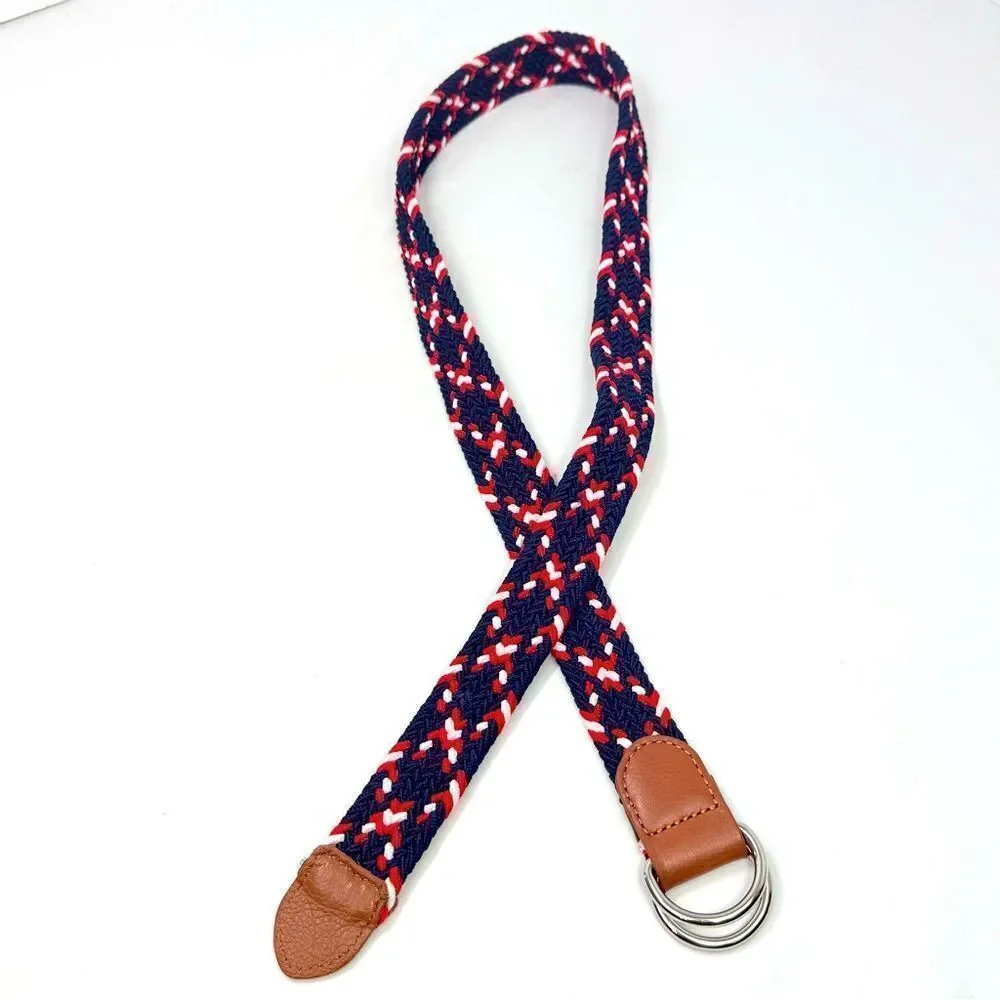 Dibi Red Blue White Woven Leather Tip D Buckle Stretch Nautical Coastal Belt